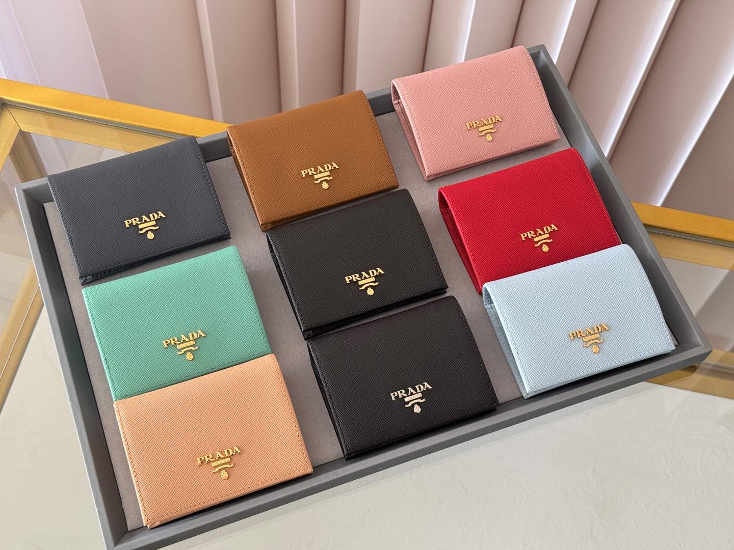 [TOP] PRADA Plain Leather Folding Wallet 11.2x9.5cm - 9 Colors