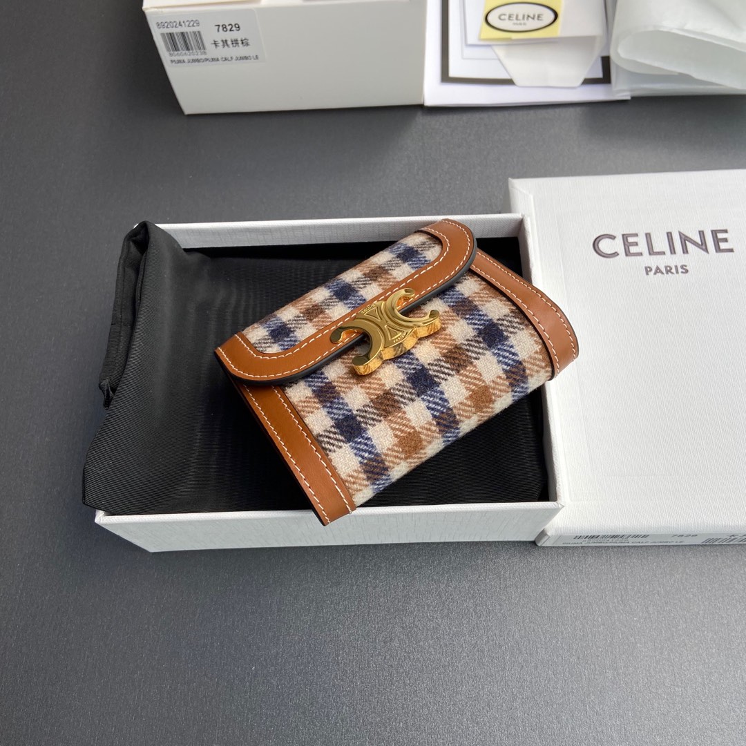 [TOP] CELINE Triomphe Fabric Almond and Calf Leather Short Wallet 10.5x9x3cm - Brown