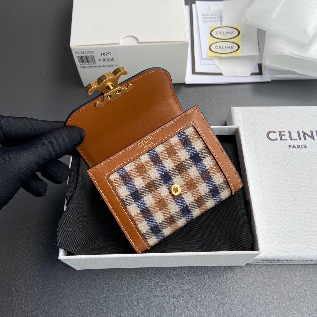 [TOP] CELINE Triomphe Fabric Almond and Calf Leather Short Wallet 10.5x9x3cm - Brown