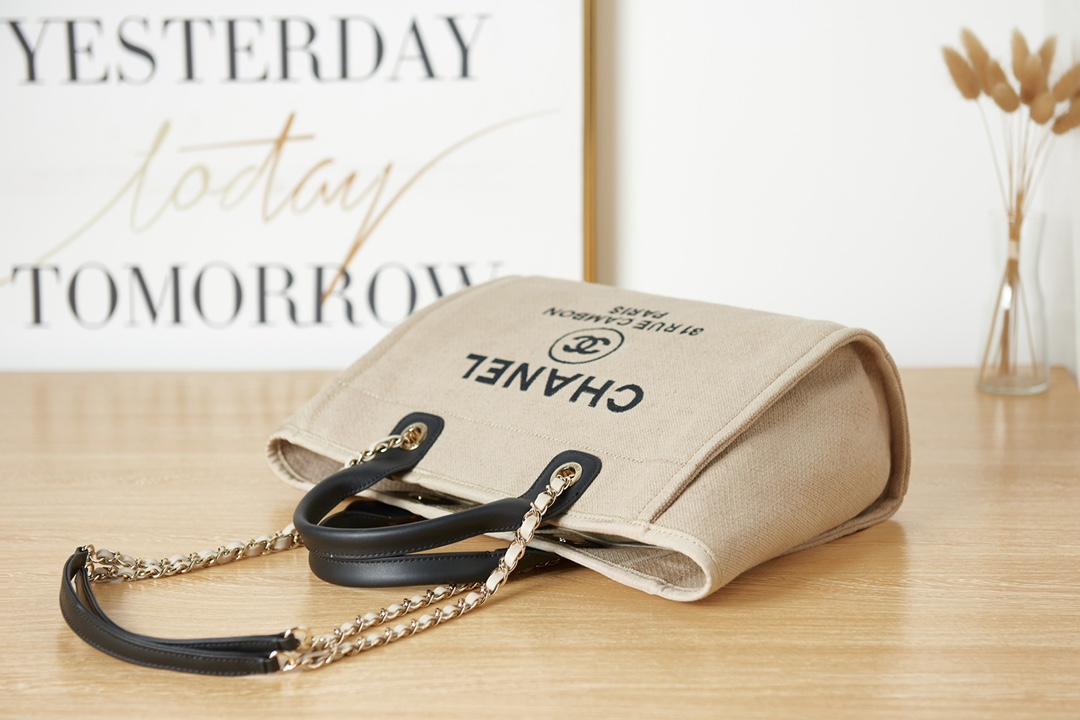 [TOP] CHANEL Deauville Bag 33cm/38cm -  Beige with Black Handle