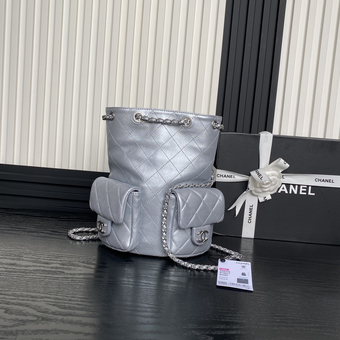 [TOP] CHANEL Backpack Leather 24.5x18x8cm - Silver