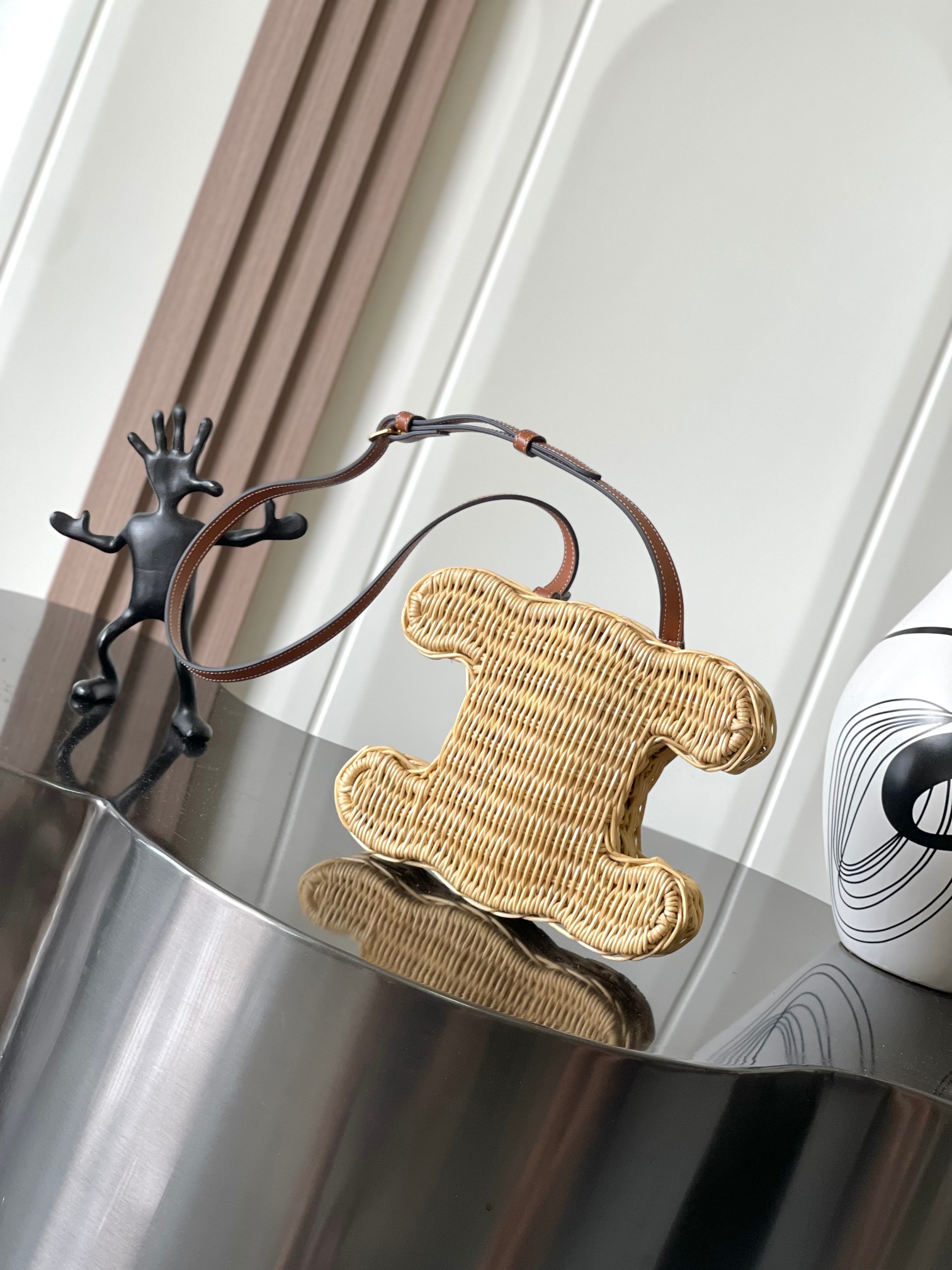 [TOP] CELINE Natural Wicker Bamboo Makeup Bag Cowhide 20*16*6CM - Apricot &Brown