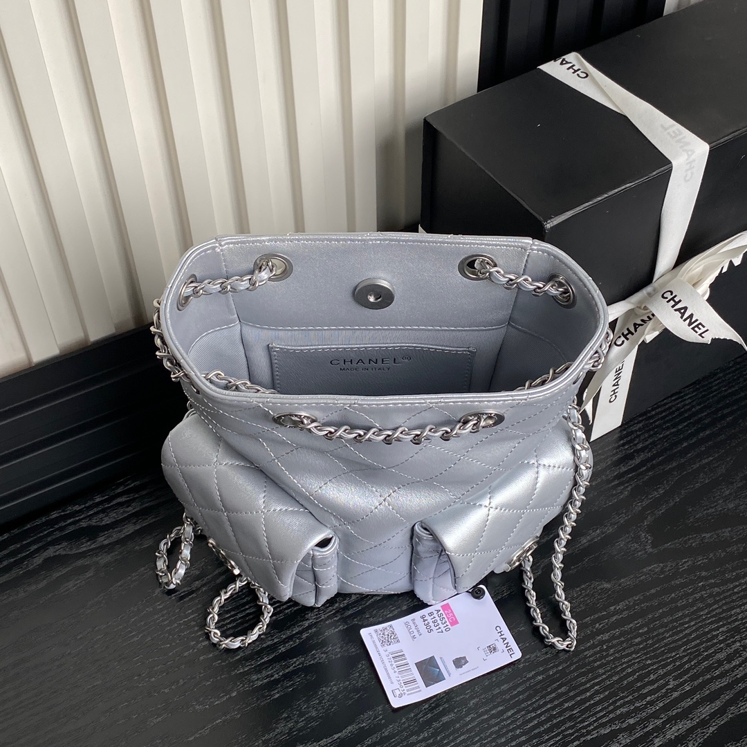 [TOP] CHANEL Backpack Leather 24.5x18x8cm - Silver