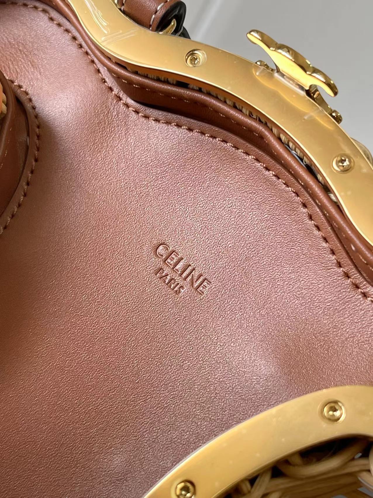 [TOP] CELINE Natural Wicker Bamboo Makeup Bag Cowhide 20*16*6CM - Apricot &Brown