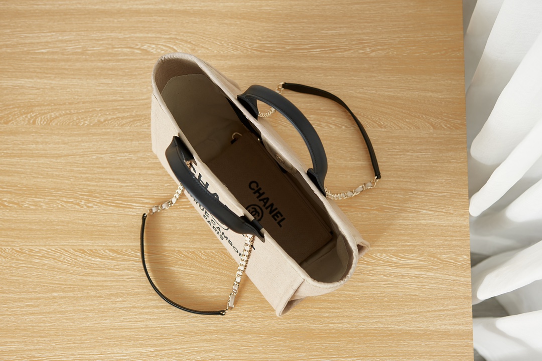 [TOP] CHANEL Deauville Bag 33cm/38cm -  Beige with Black Handle