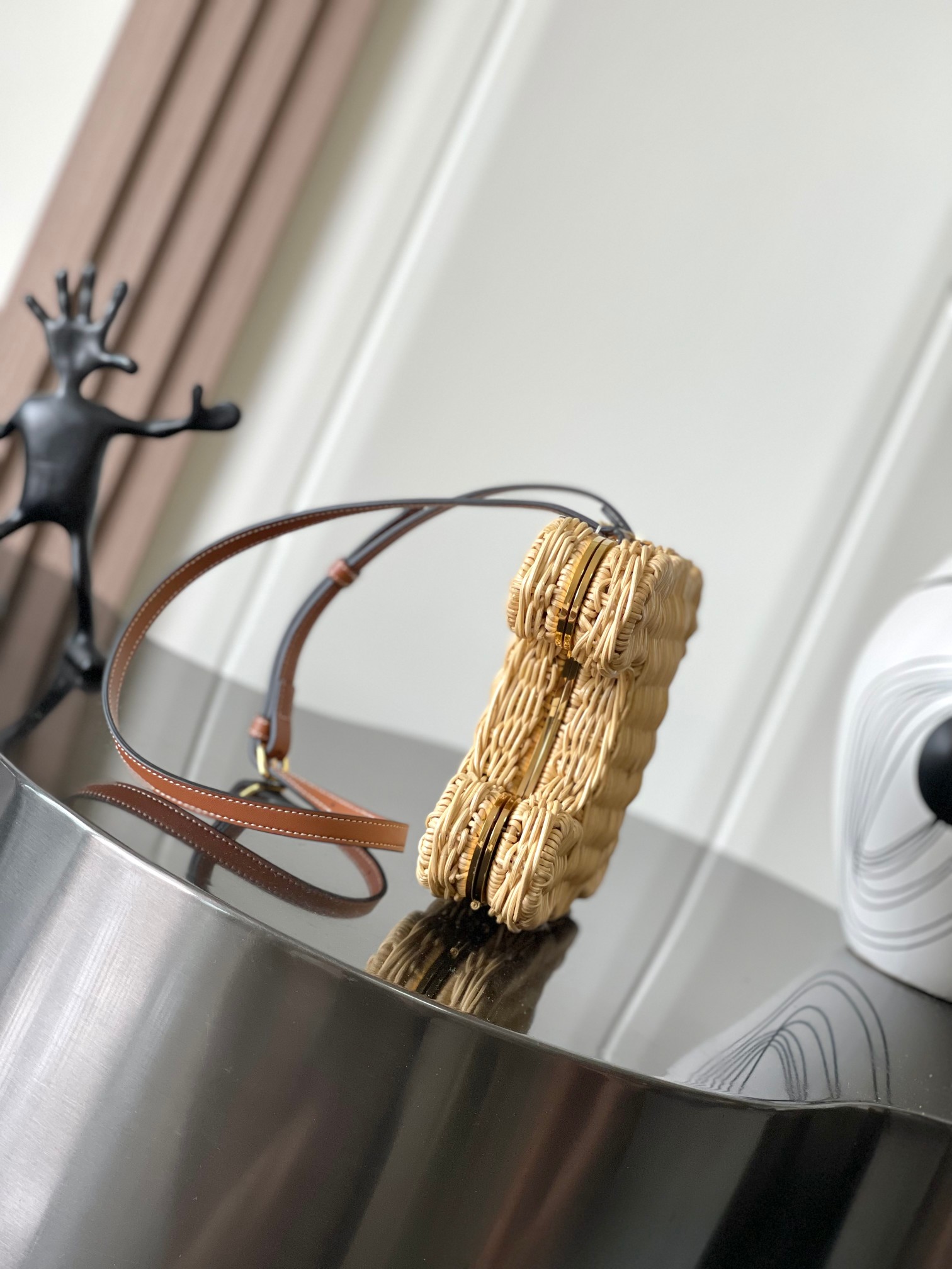 [TOP] CELINE Natural Wicker Bamboo Makeup Bag Cowhide 20*16*6CM - Apricot &Brown