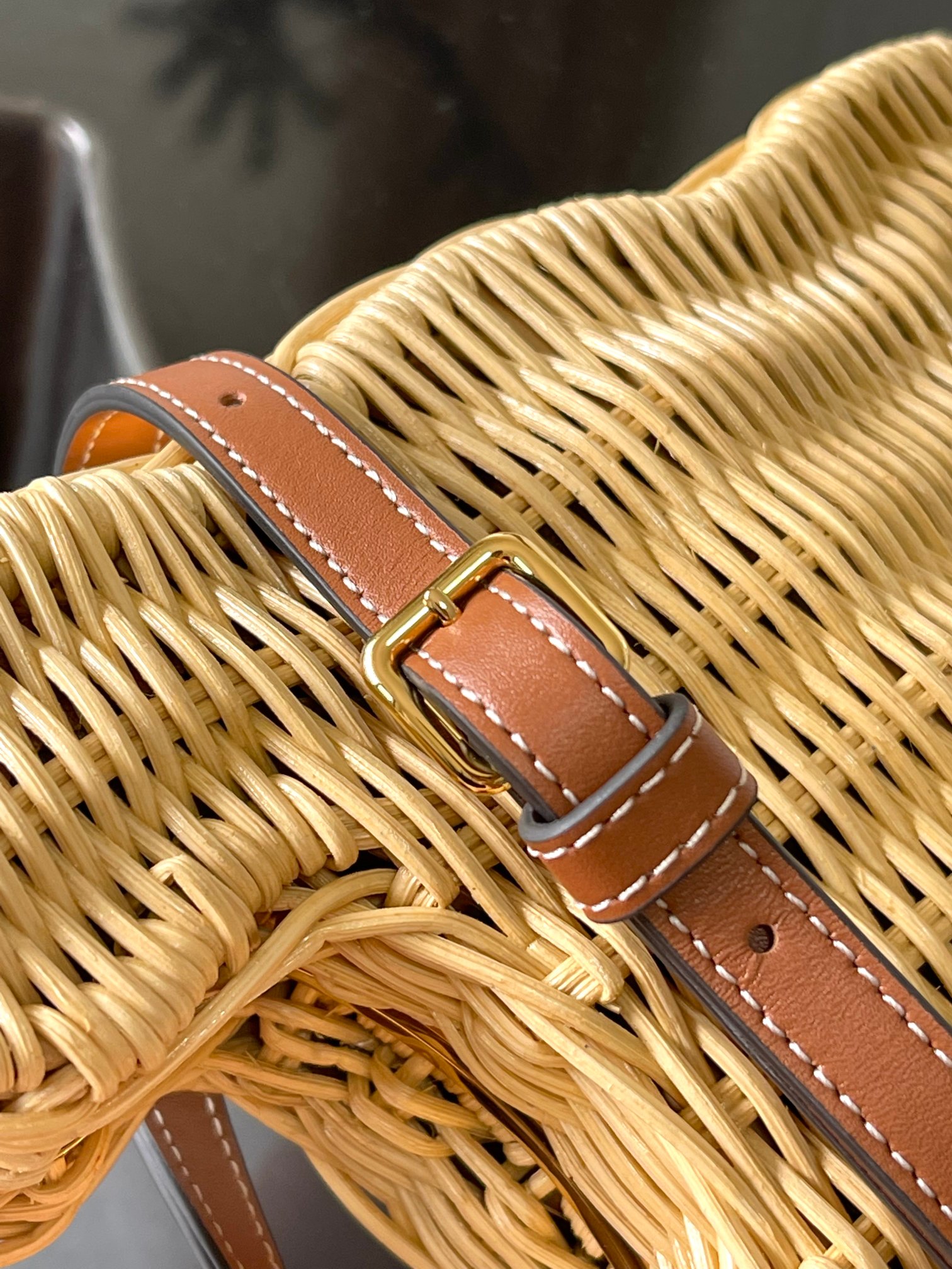 [TOP] CELINE Natural Wicker Bamboo Makeup Bag Cowhide 20*16*6CM - Apricot &Brown