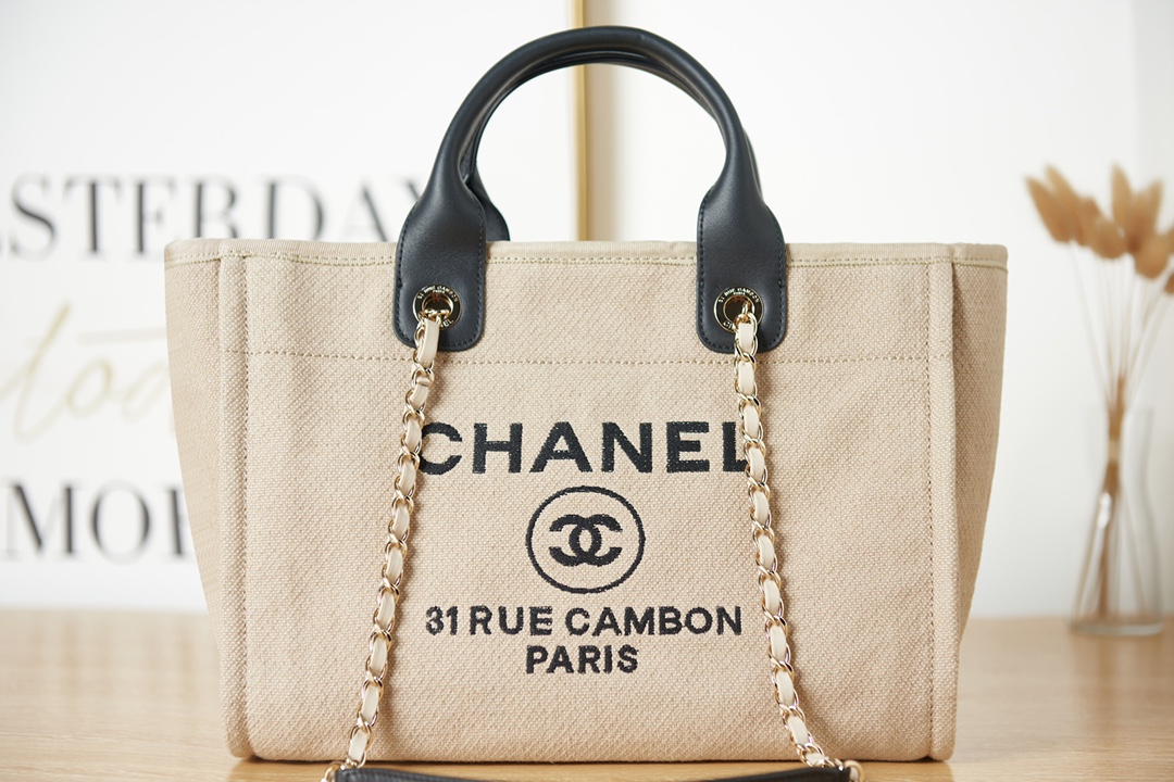 [TOP] CHANEL Deauville Bag 33cm/38cm -  Beige with Black Handle