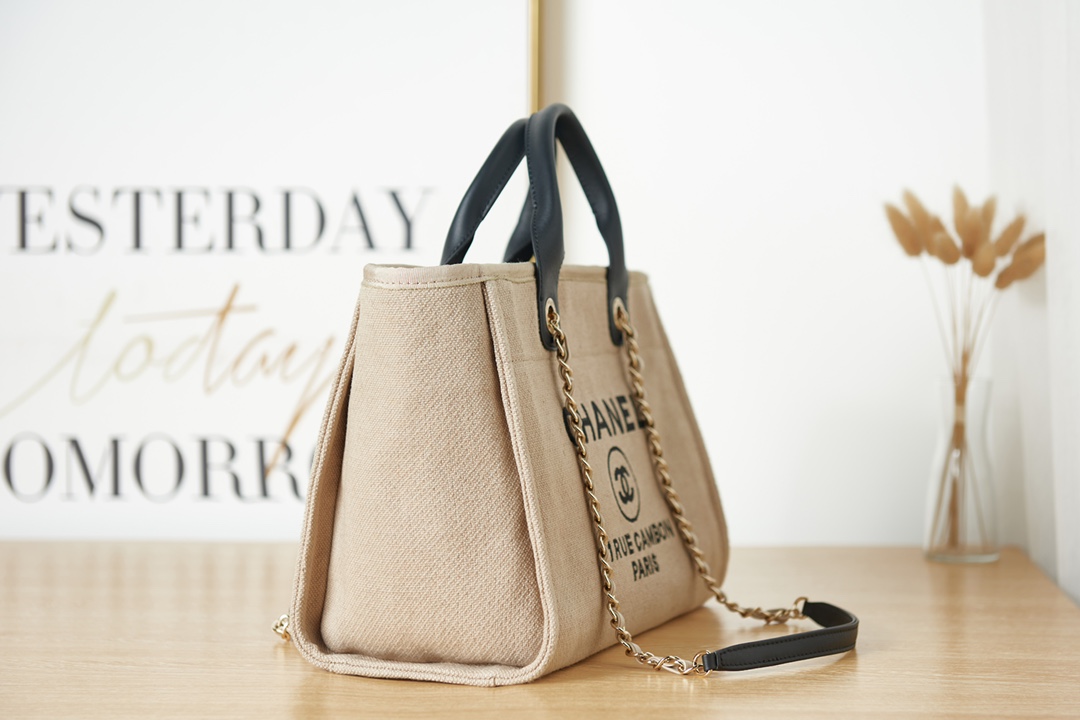 [TOP] CHANEL Deauville Bag 33cm/38cm -  Beige with Black Handle