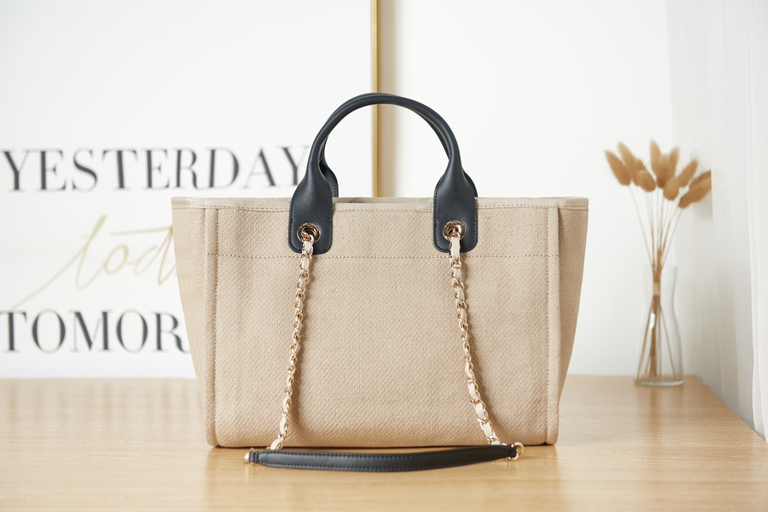 [TOP] CHANEL Deauville Bag 33cm/38cm -  Beige with Black Handle