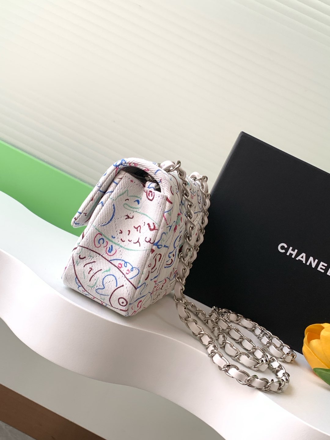 [TOP] CHANEL Printed Flap Bag Canvas 20cm/25cm - White&SHW