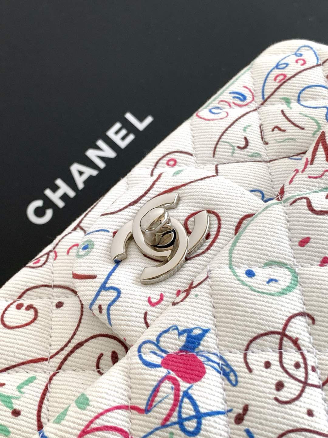 [TOP] CHANEL Printed Flap Bag Canvas 20cm/25cm - White&SHW