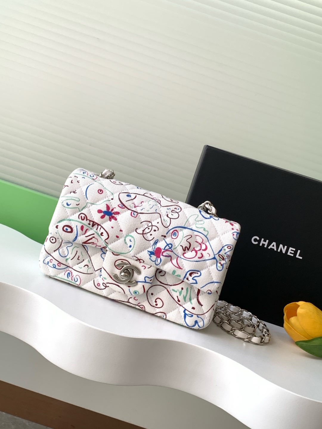 [TOP] CHANEL Printed Flap Bag Canvas 20cm/25cm - White&SHW