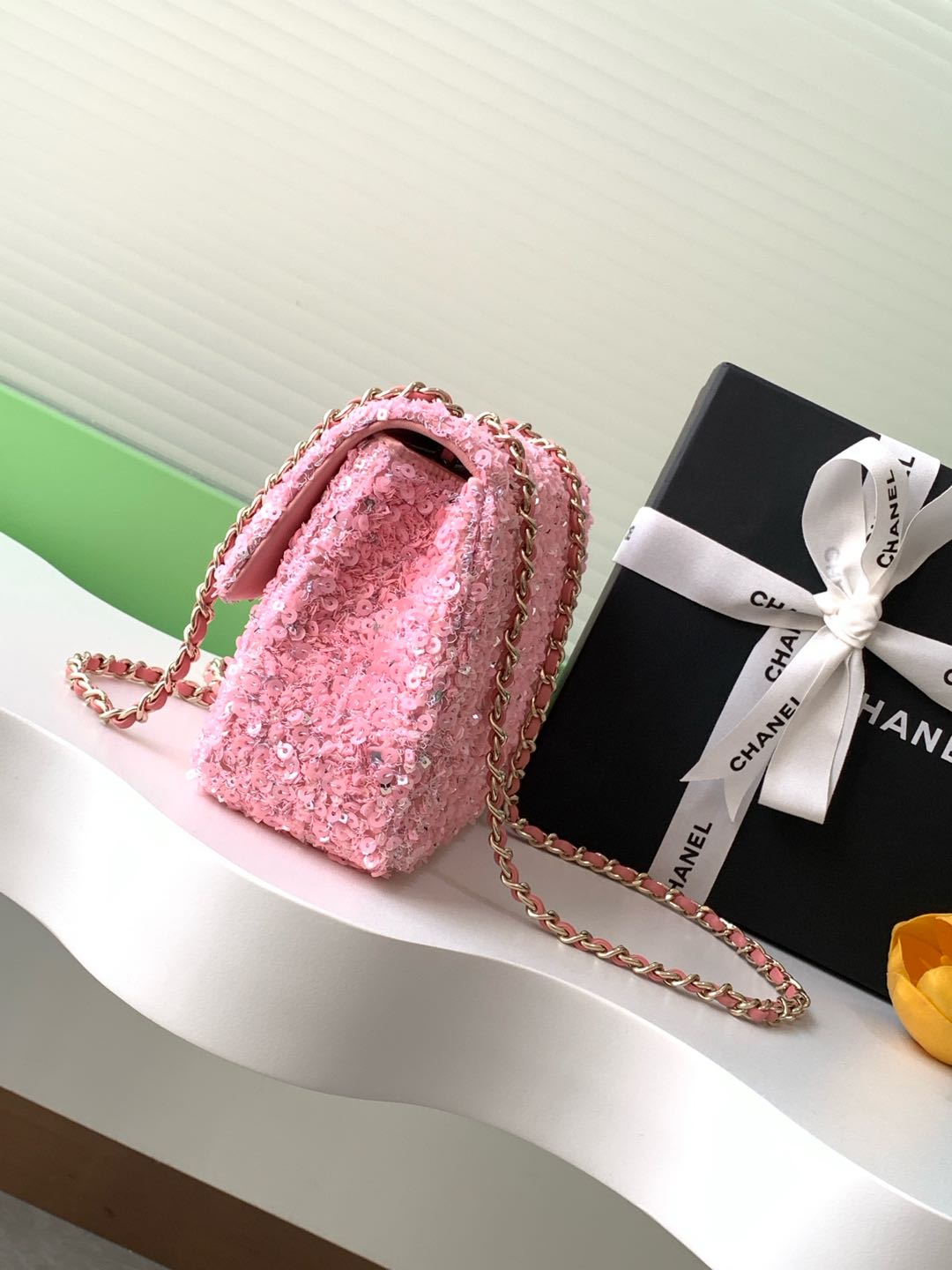 [TOP] CHANEL Sequin Flap Bag 20cm - Pink/Beige