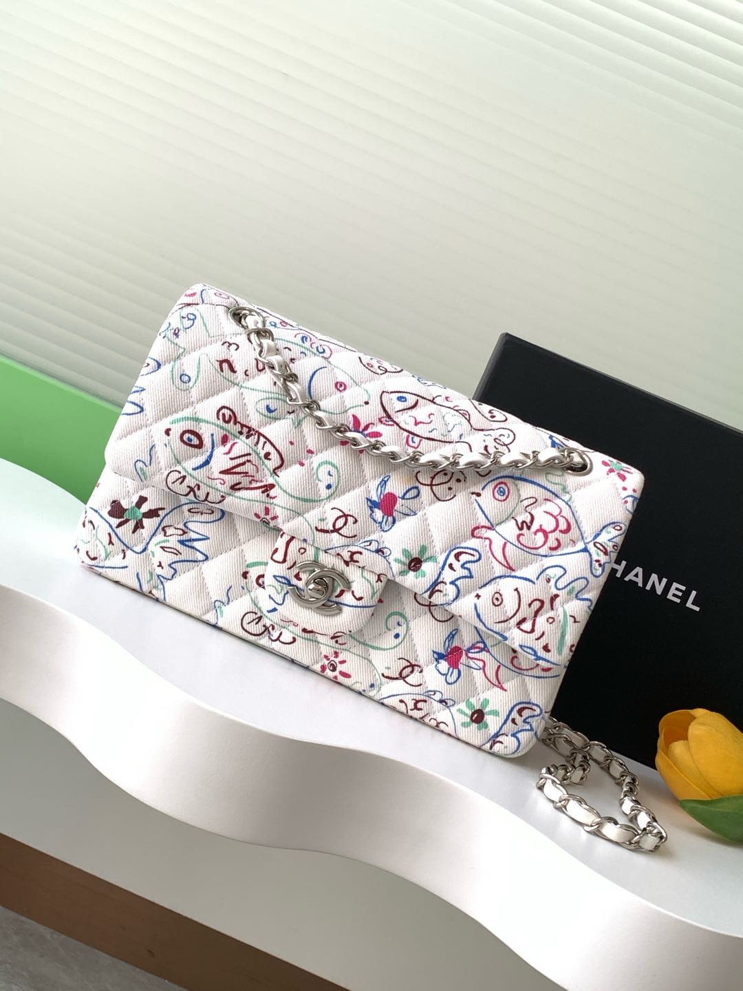 [TOP] CHANEL Printed Flap Bag Canvas 20cm/25cm - White&SHW
