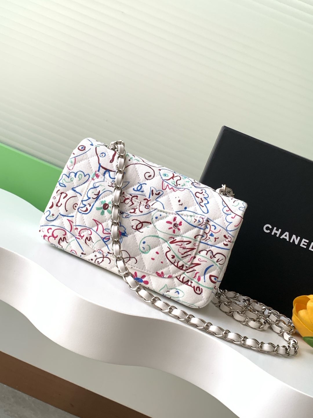 [TOP] CHANEL Printed Flap Bag Canvas 20cm/25cm - White&SHW