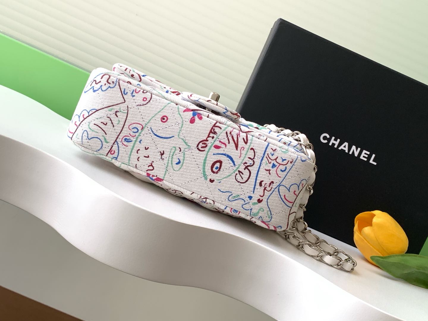 [TOP] CHANEL Printed Flap Bag Canvas 20cm/25cm - White&SHW