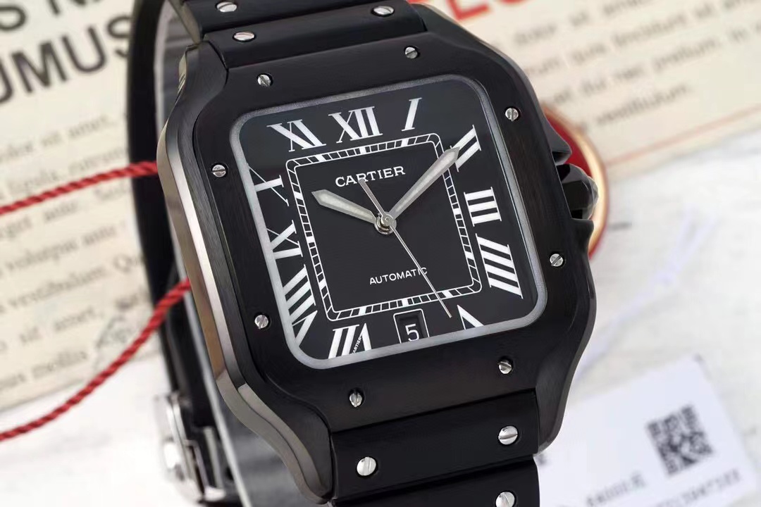 [TOP] Cartier Santos Watch with Black Roman Numeral Dial & Rubber Strap 39.8*47.5mm - Black/Black and Silver
