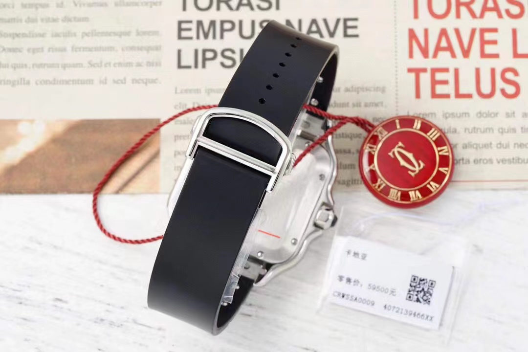 [TOP] Cartier Santos Watch with Black Roman Numeral Dial & Rubber Strap 39.8*47.5mm - Black/Black and Silver