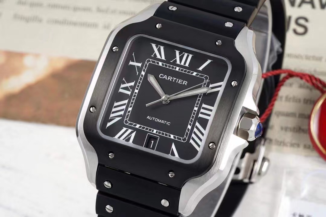 [TOP] Cartier Santos Watch with Black Roman Numeral Dial & Rubber Strap 39.8*47.5mm - Black/Black and Silver