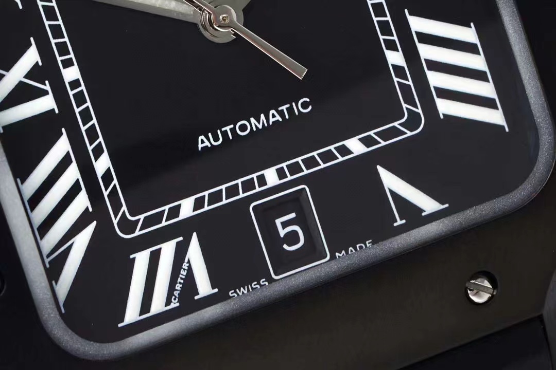 [TOP] Cartier Santos Watch with Black Roman Numeral Dial & Rubber Strap 39.8*47.5mm - Black/Black and Silver