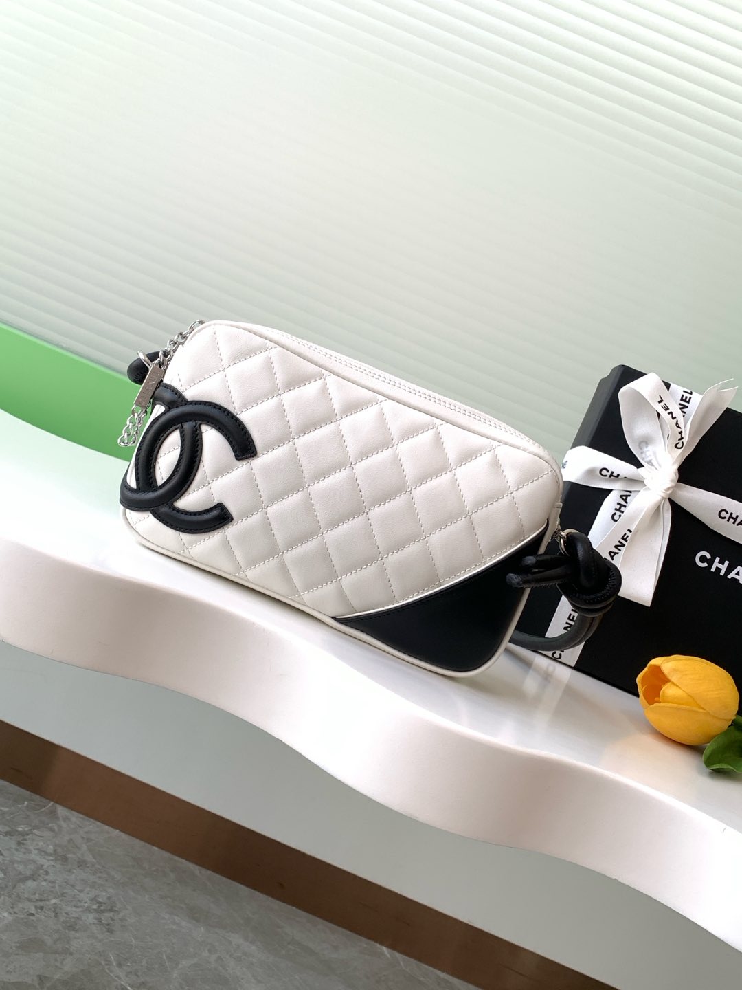[TOP] CHANEL Cambon Hobo Bag Leather 12x20x3cm/16x26x5cm - White/Black