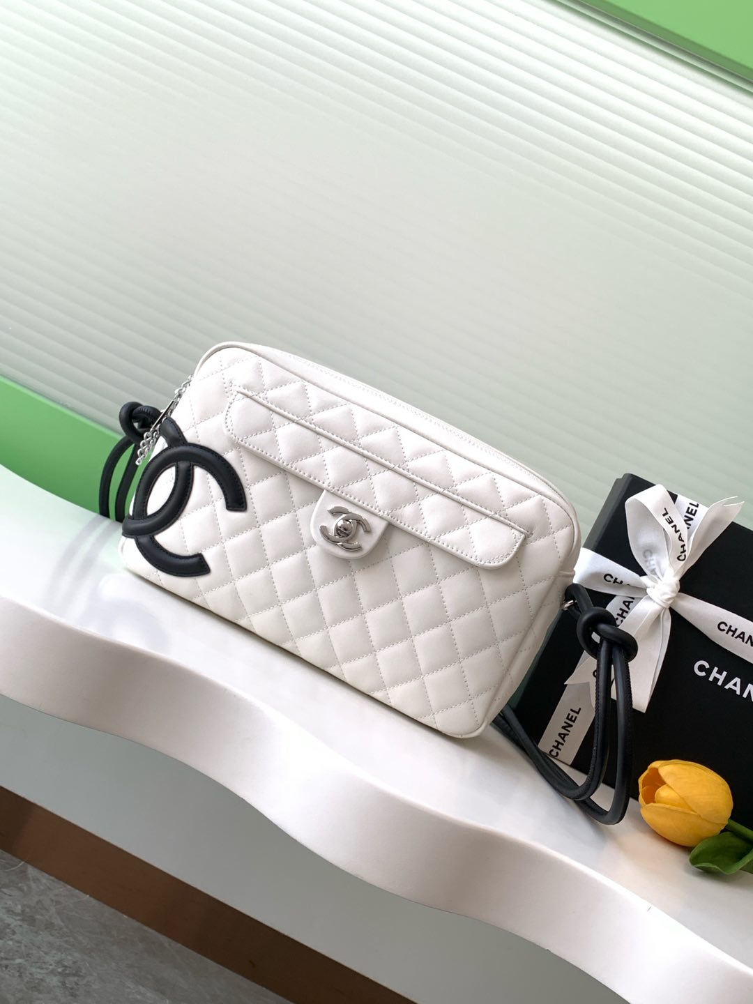 [TOP] CHANEL Cambon Hobo Bag Leather 12x20x3cm/16x26x5cm - White/Black