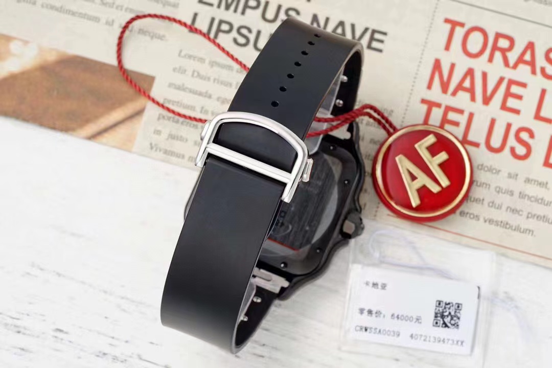 [TOP] Cartier Santos Watch with Black Roman Numeral Dial & Rubber Strap 39.8*47.5mm - Black/Black and Silver