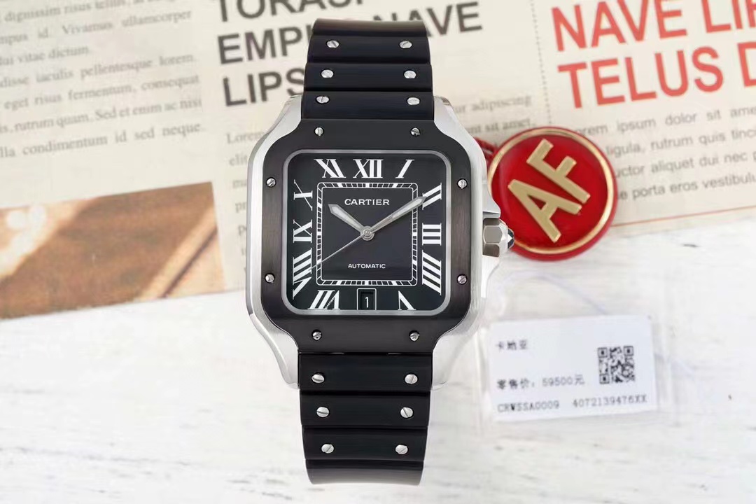 [TOP] Cartier Santos Watch with Black Roman Numeral Dial & Rubber Strap 39.8*47.5mm - Black/Black and Silver