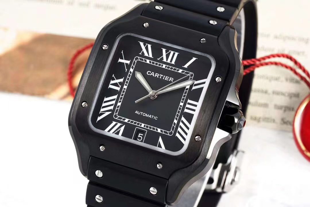 [TOP] Cartier Santos Watch with Black Roman Numeral Dial & Rubber Strap 39.8*47.5mm - Black/Black and Silver