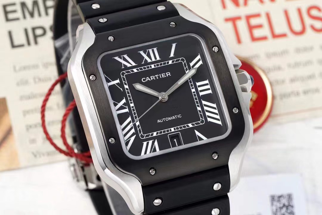 [TOP] Cartier Santos Watch with Black Roman Numeral Dial & Rubber Strap 39.8*47.5mm - Black/Black and Silver