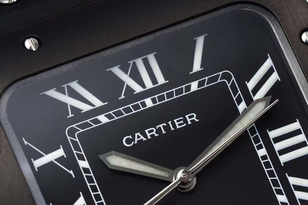 [TOP] Cartier Santos Watch with Black Roman Numeral Dial & Rubber Strap 39.8*47.5mm - Black/Black and Silver