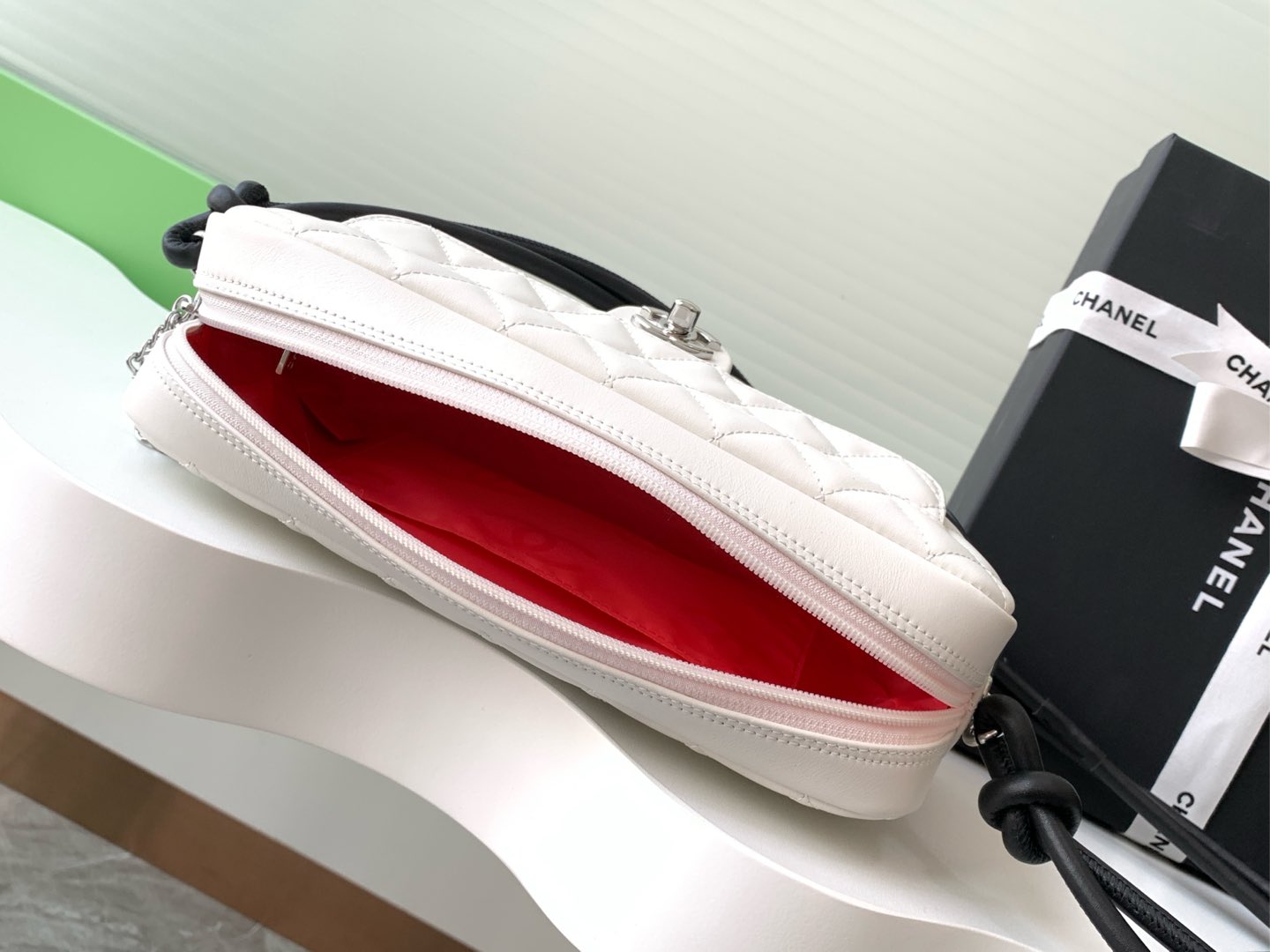 [TOP] CHANEL Cambon Hobo Bag Leather 12x20x3cm/16x26x5cm - White/Black