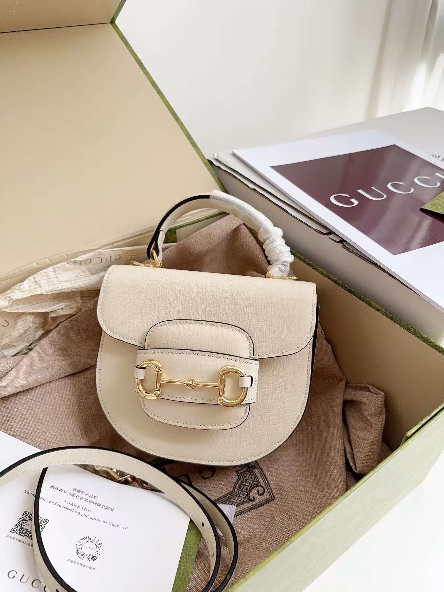 [TOP] GUCCI Horsebit 1955 Top Handle Bag 18 x 15 x 6.5cm - White