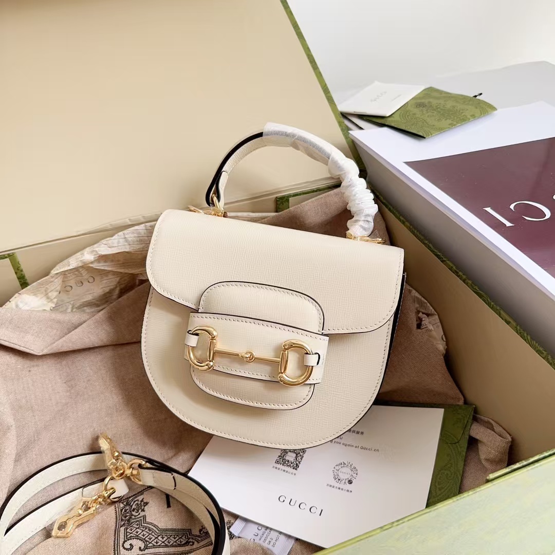 [TOP] GUCCI Horsebit 1955 Top Handle Bag 18 x 15 x 6.5cm - White