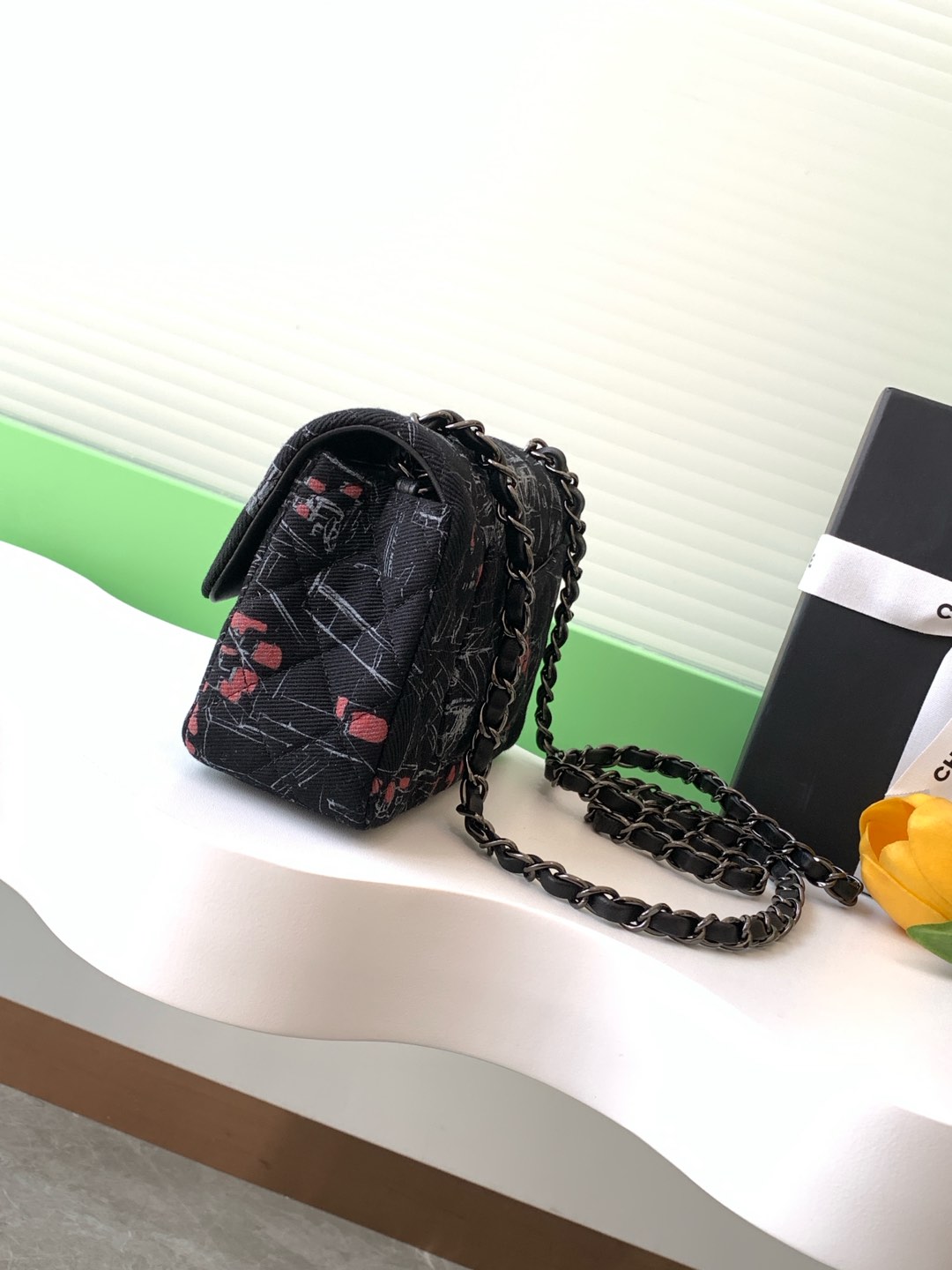 [TOP] CHANEL Canvas Printed Flap Bag 20cm/25cm - Black