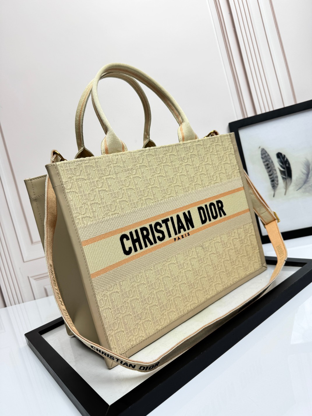 [TOP] Christian Dior Book Tote Bag Cow Leather 26.5*22*14 cm/36.5*28*17.5 cm - Apricot