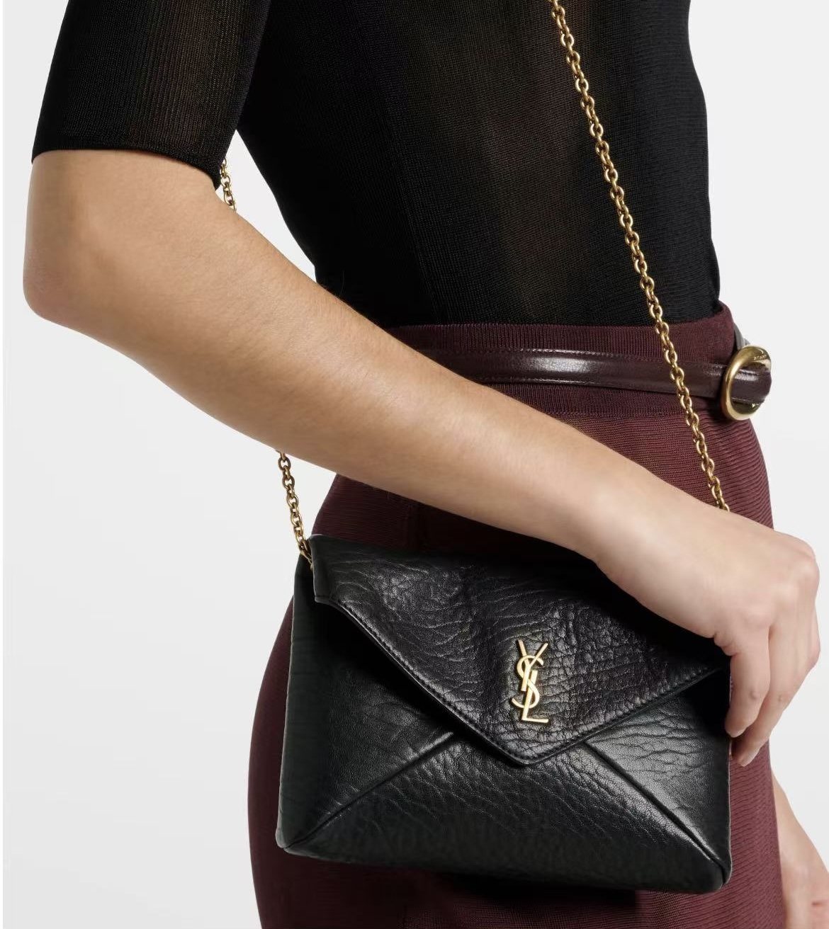 [TOP] Yves Saint Laurent YSL Cassandra Mini Wallet on Chain in Grained Leather 19x12x3cm - Black&GHW