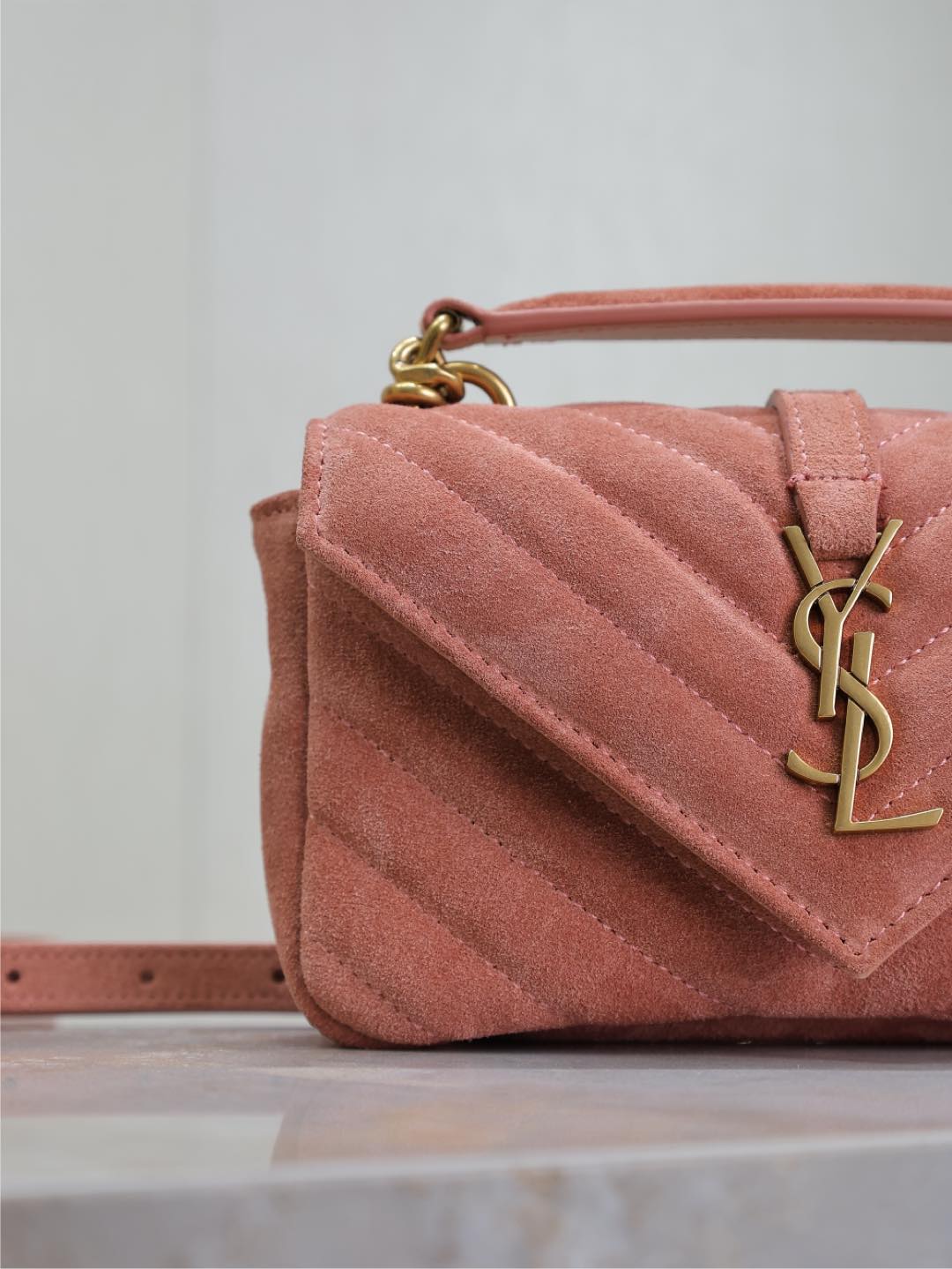 [TOP] Yves Saint Laurent YSL College Mini Bag in Suede 20x13x3cm - Pink&GHW