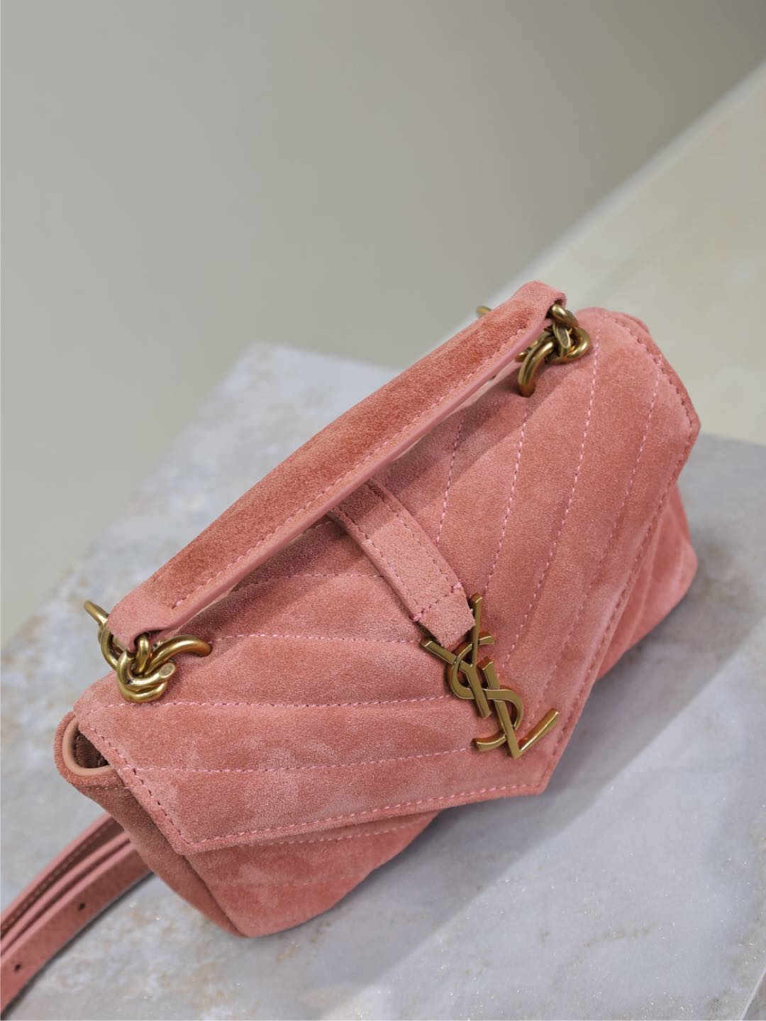 [TOP] Yves Saint Laurent YSL College Mini Bag in Suede 20x13x3cm - Pink&GHW