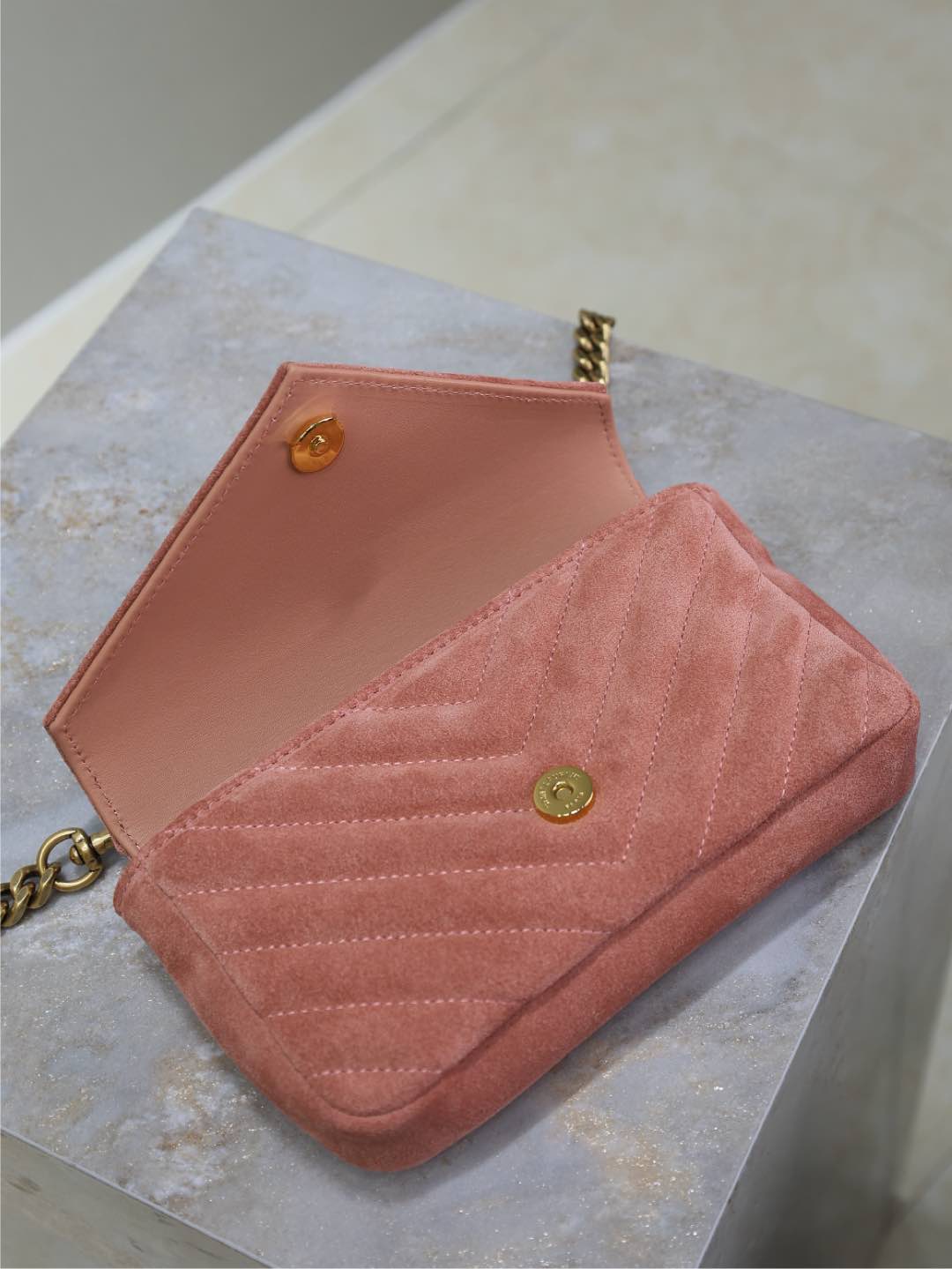 [TOP] Yves Saint Laurent YSL College Mini Bag in Suede 20x13x3cm - Pink&GHW