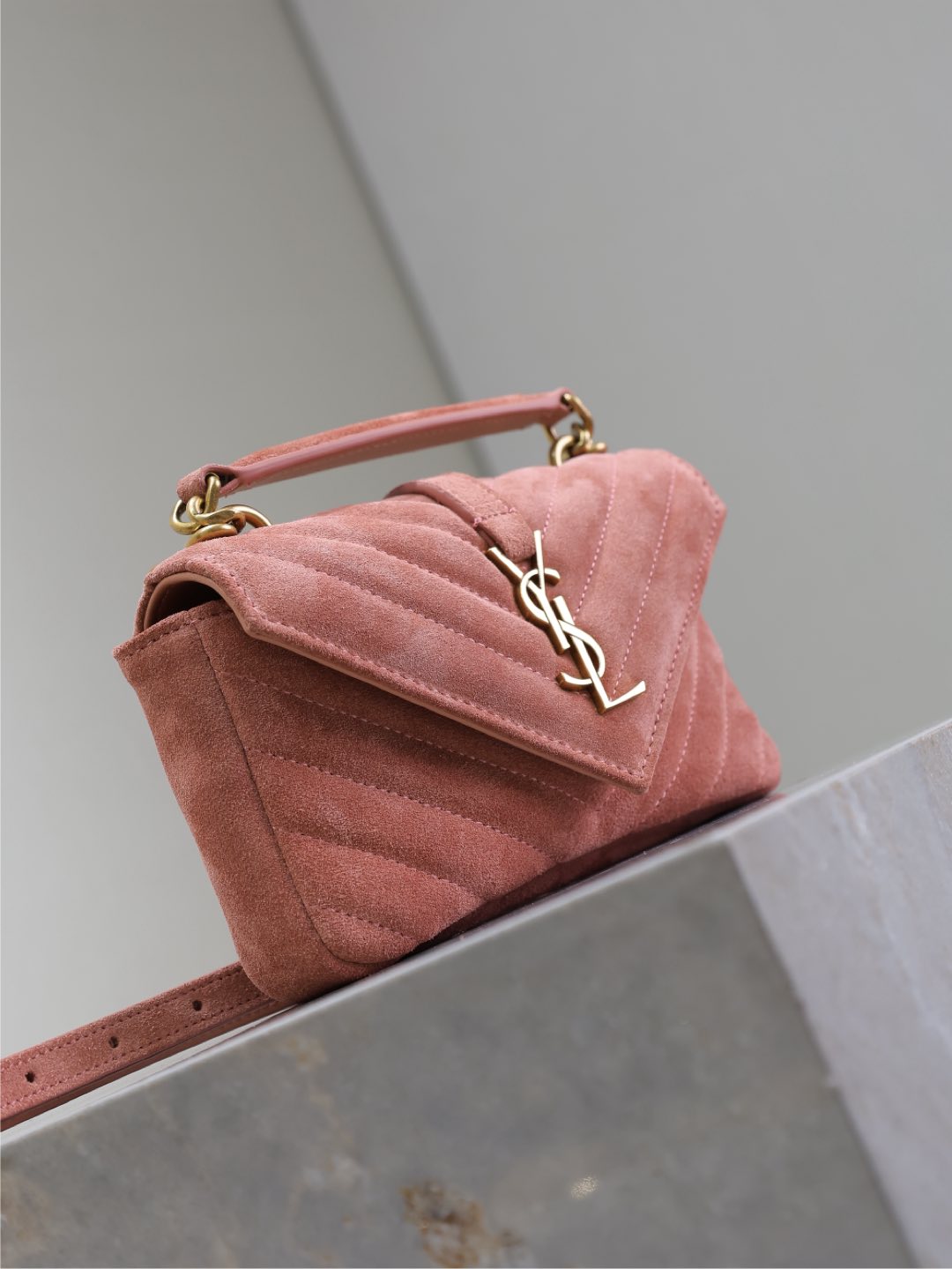 [TOP] Yves Saint Laurent YSL College Mini Bag in Suede 20x13x3cm - Pink&GHW