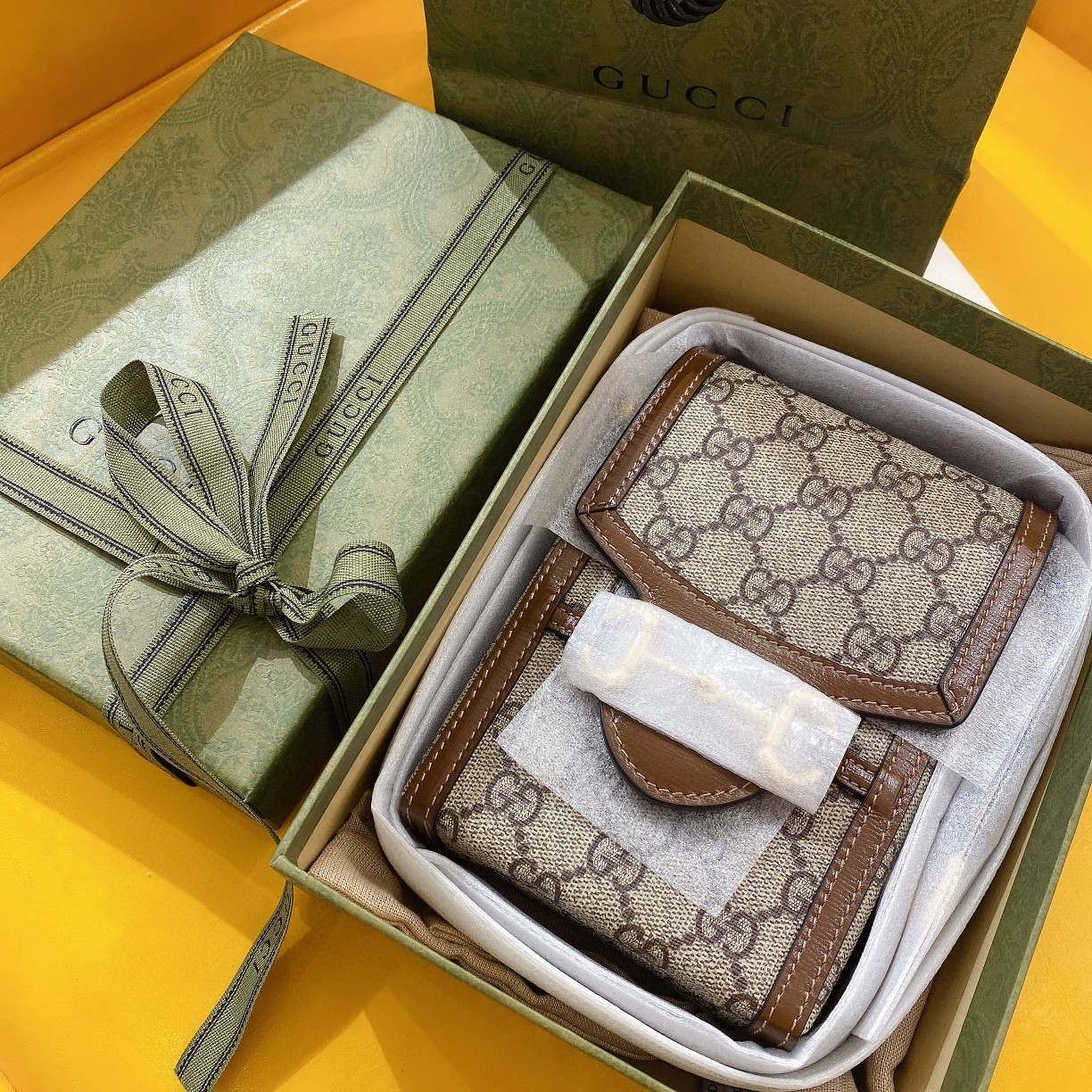 [TOP] GUCCI GG Horsebit 1955 Mobile Phone Bag 17x11x4cm - Brown