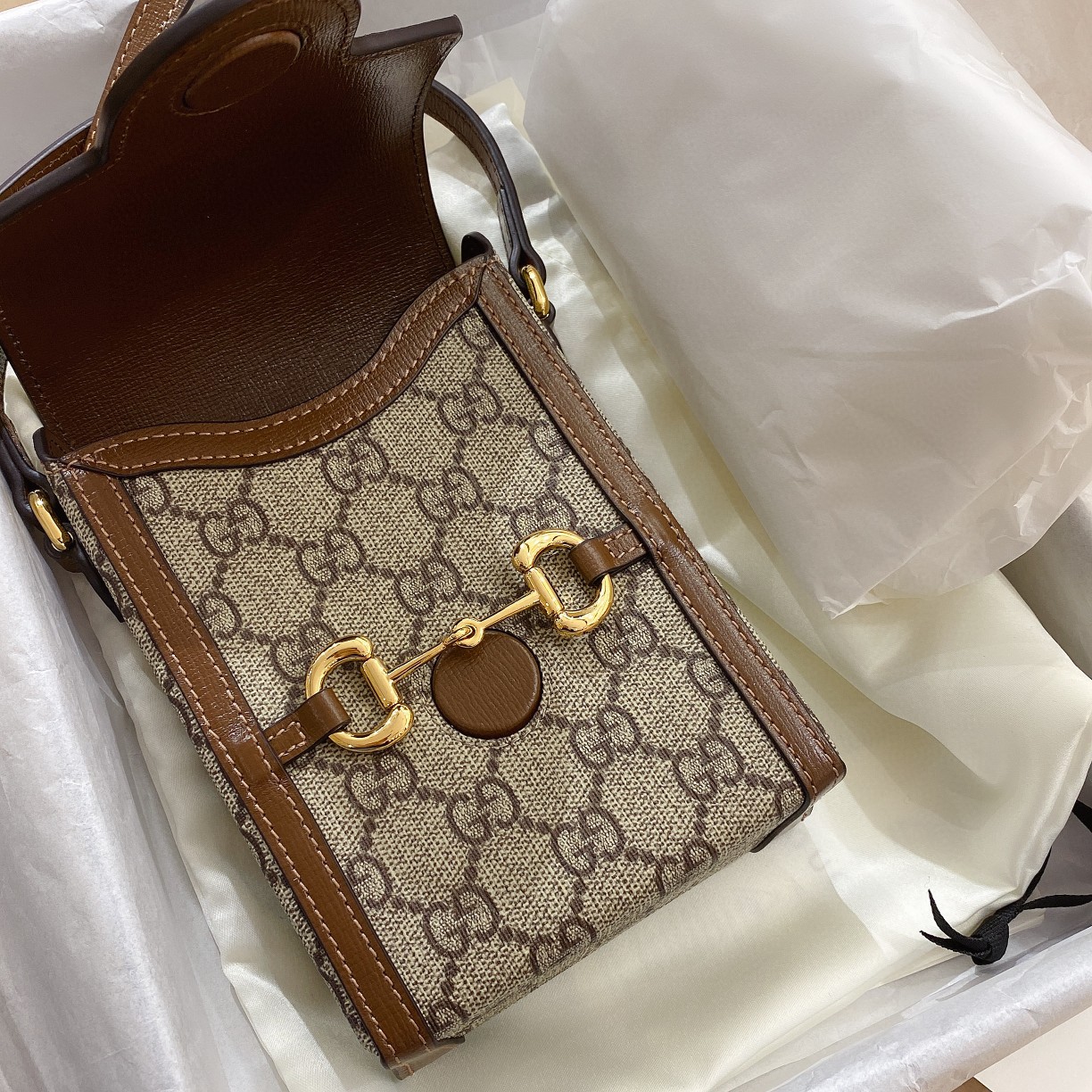 [TOP] GUCCI GG Horsebit 1955 Mobile Phone Bag 17x11x4cm - Brown