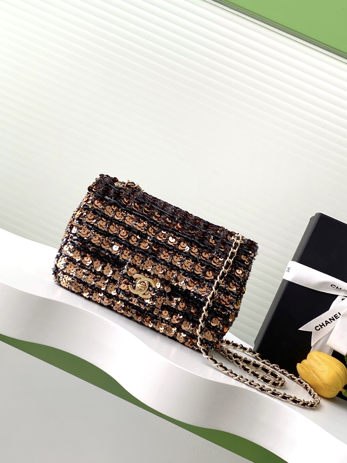 [TOP] CHANEL 25C Sequin Flab Bags 14*21*8cm - Black&Gold