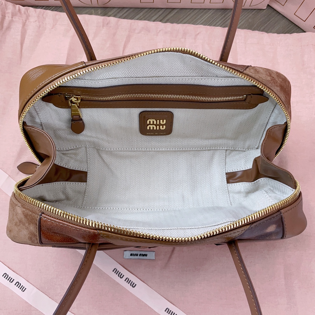 [TOP] Miu Miu Spliced Bowling Bag 28X12X9cm - Brown