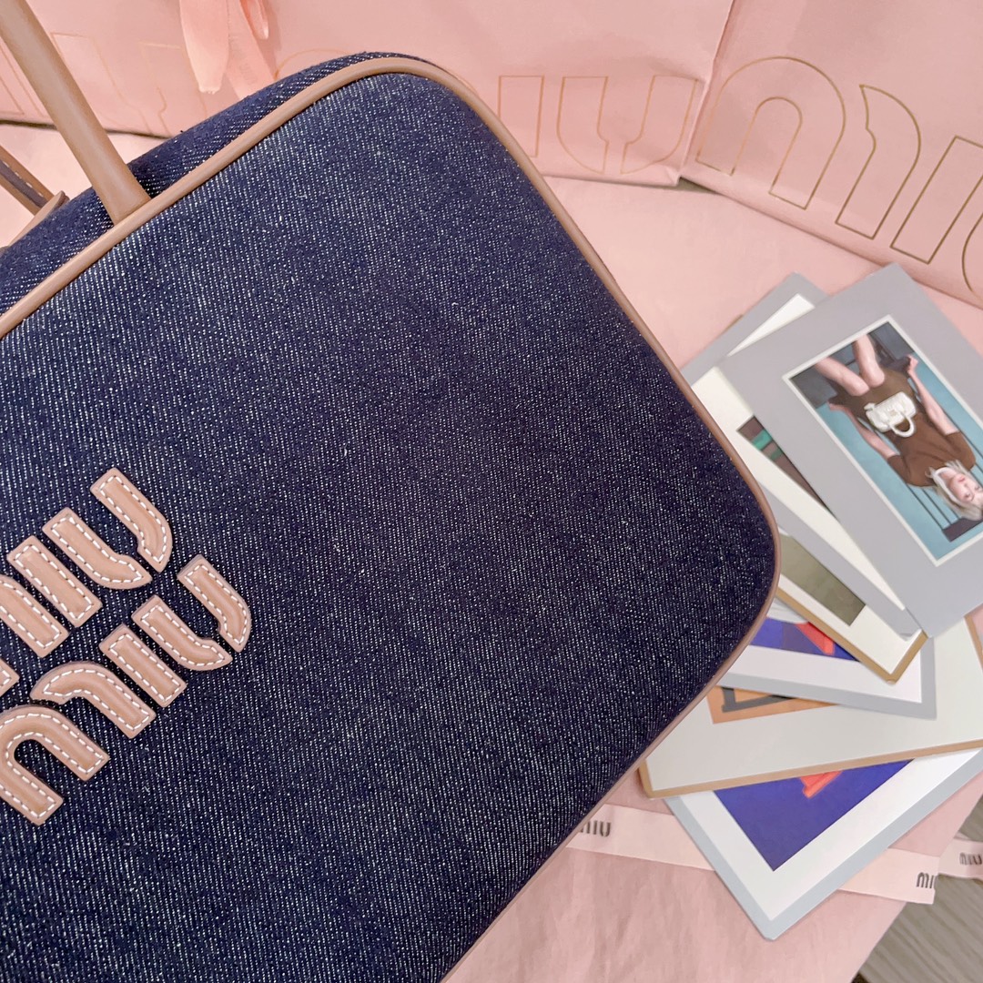[TOP] Miu Miu Denim Briefcase Cowhide 34x23x12cm - Denim Blue