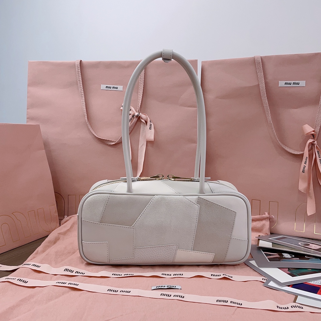 [TOP] Miu Miu Spliced Bowling Bag 28X12X9cm - Brown