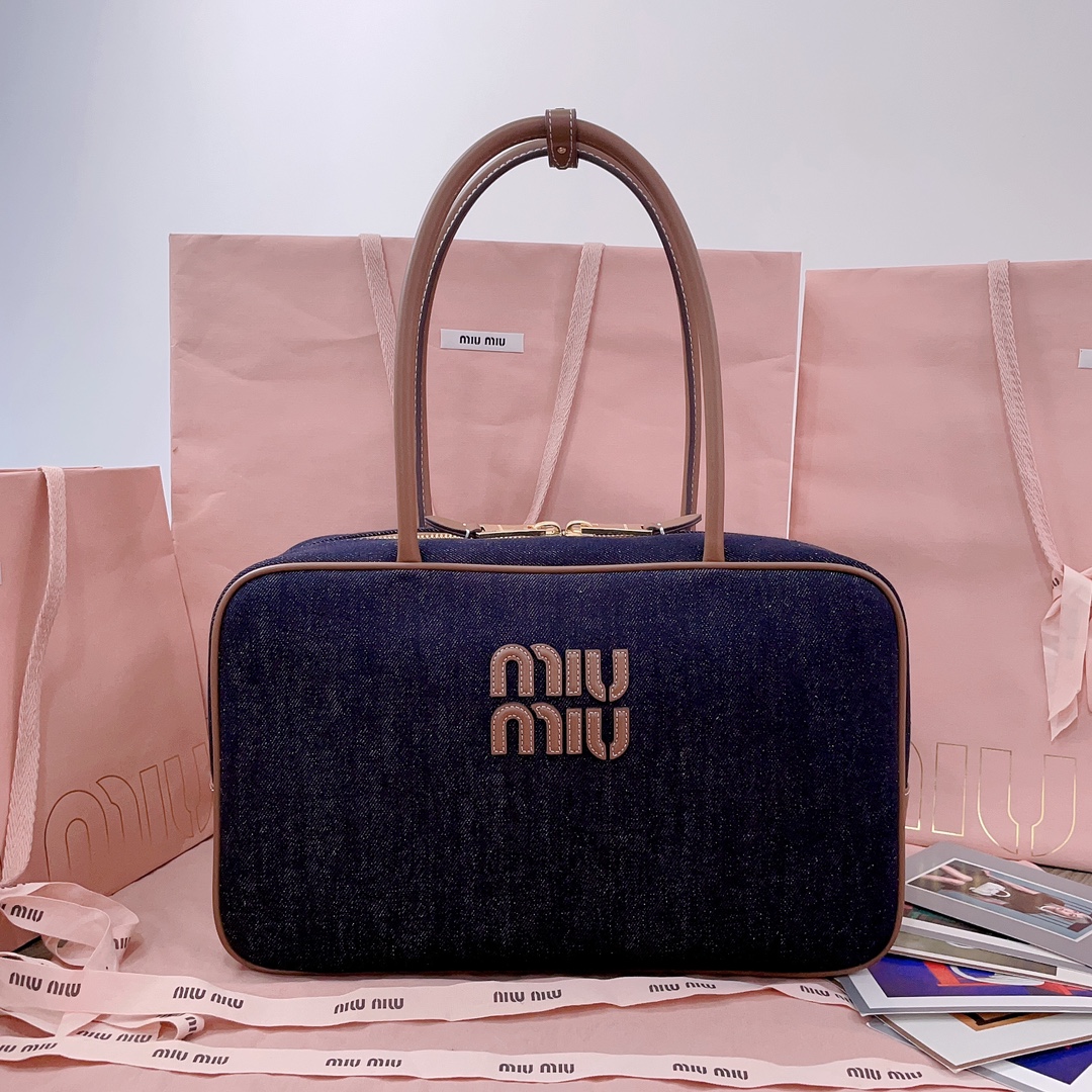 [TOP] Miu Miu Denim Briefcase Cowhide 34x23x12cm - Denim Blue