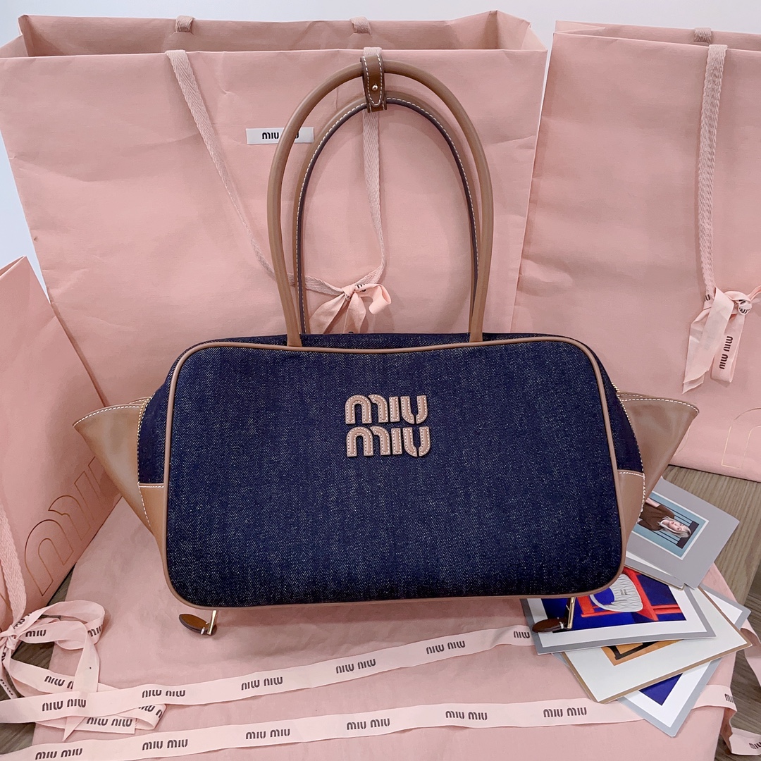 [TOP] Miu Miu Denim Briefcase Cowhide 34x23x12cm - Denim Blue